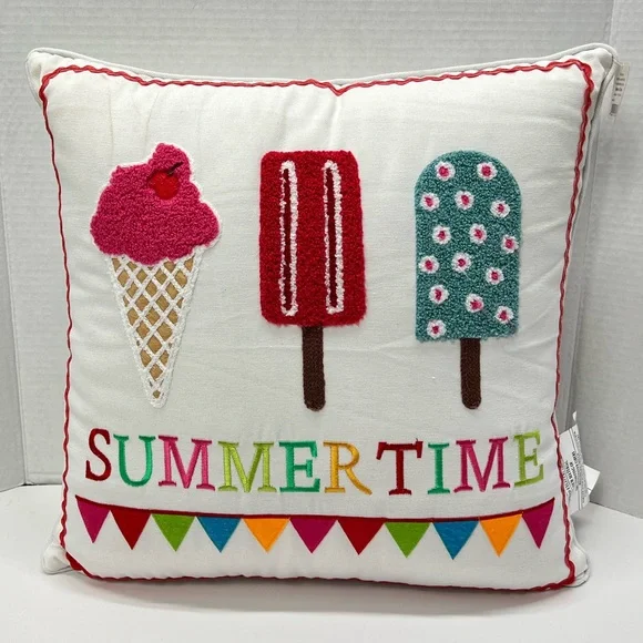 White Square Throw Pillows Set Summer Multicolor Ice Cream Cones Print Outdoors - Picture 3 of 17